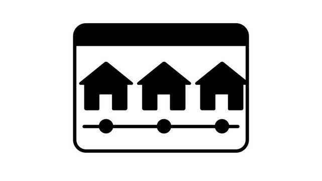 Neighborhood street icon showing three house rooftops above a road lined with connecting dots representing a residential area or community mapping