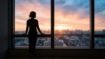 Fototapeta premium Woman silhouetted against a vibrant sunset cityscape view from a high rise window.