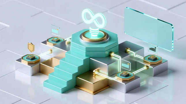 Isometric 3D illustration showing modular knowledge nodes on digital learning platform representing growth and development in Education Technology Access systems