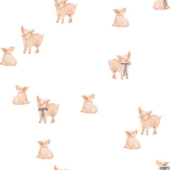 Watercolor piglets seamless pattern with playful farm pigs with blue ribbon bows. Perfect for fabric, nursery decor, wallpaper, children's textiles and stationery. © Eva Gentle