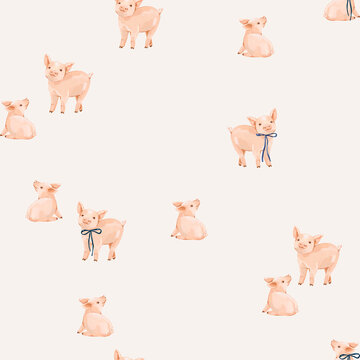 Watercolor piglets seamless pattern featuring playful farm pigs with blue ribbon bows on beige background. Perfect for fabric, nursery decor, wallpaper and children's textiles.