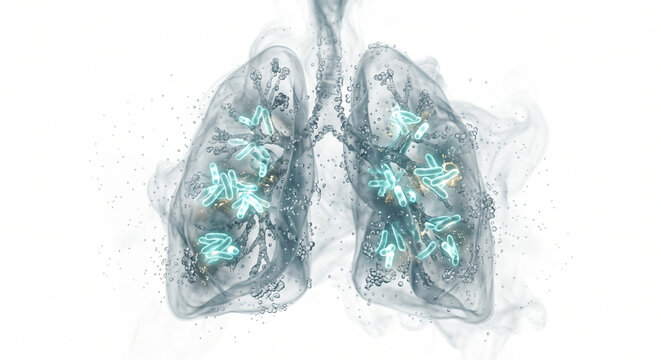 Premium conceptual medical illustration visualizing airborne tuberculosis transmission through respiratory droplets forming the silhouette of human lungs filled with Mycobacterium tuberculosis bacteri