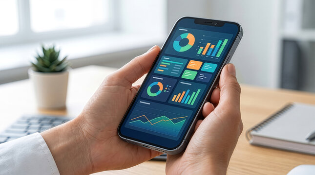 スマートフォンでビジネスデータやグラフのダッシュボードを確認するビジネスマンの手元。オフィスや自宅でのリモートワーク、モバイルマーケティング、データ解析をイメージしたITビジネスのシーン