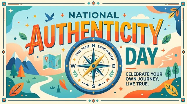 Compass symbol representing personal direction, oversized NATIONAL AUTHENTICITY DAY typography, inspiring flat vector banner