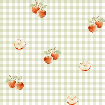 Watercolor apples on branches and sliced apples seamless pattern on green gingham background. Perfect for fabric, wallpaper, wrapping paper, kitchen textiles, stationery, packaging and home decor.