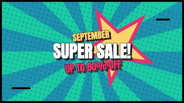 September super sale animated banner with comic book style graphics