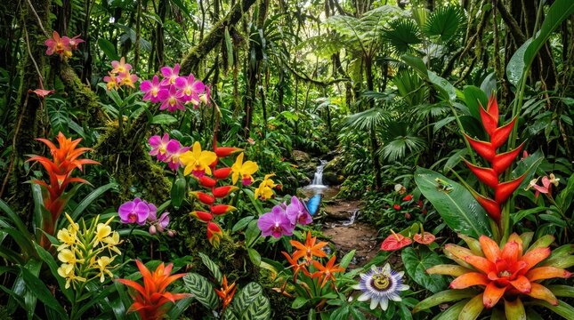 A vibrant tropical rainforest with a waterfall, lush greenery, and a variety of colorful flowers, including orchids and bromeliads, set against a backdrop of dense foliage and a small stream.
