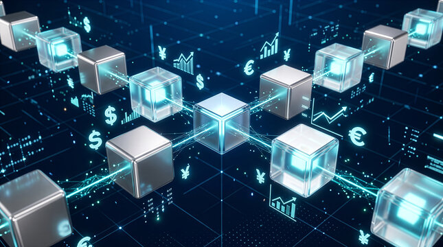 ブロックチェーン技術と暗号資産をイメージした3Dグラフィック。ドルや円、ユーロの記号とデータチャートが広がるサイバー空間で、フィンテックや次世代の金融テクノロジーを表現した背景イラスト