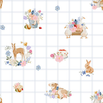 Watercolor rustic countryside seamless pattern with farm animals and wildflowers on blue plaid background. Perfect for fabric, wallpaper, nursery decor, stationery and home decor.