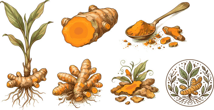 Organic Turmeric Root Vector Icon Set Featuring Botanical Curcuma Plants Sliced Rhizomes Golden Powder Spoons and Circular Ayurvedic Logo Emblems