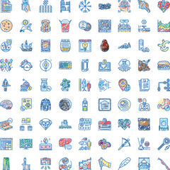 Fototapeta premium Variety of colorful doodle style icons symbolizing various concepts including business, technology, food, science, finance, and everyday objects, all on a white background