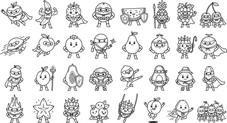Cute cartoon fruit superhero characters line art vector icons setCute cartoon fruit superhero characters line art vector icons set © MDJAHIDUL