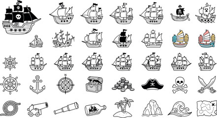 Pirate ship sailing vessel and maritime adventure icons set collectionPirate ship sailing vessel and maritime adventure icons set collection © MDJAHIDUL