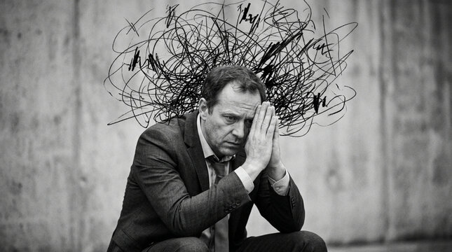 Man in suit with chaotic thoughts, mental health, stress, anxiety, overthinking