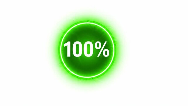 100 percent complete glowing green neon light illumination signifies total accomplishment and satisfied, confident achievement, radiant celebratory optimal level