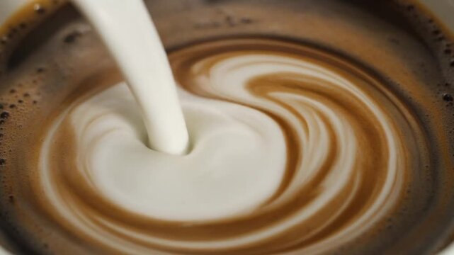 Milk poured into black coffee forming swirling patterns macro slow motion top view