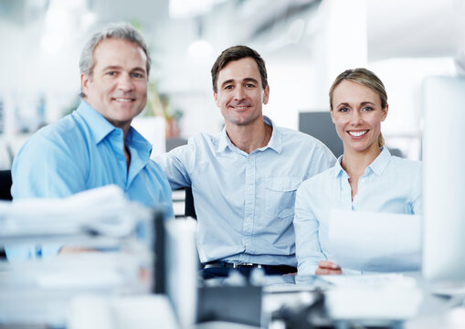 Corporate, business and team with smile at desk for file clerk, document retrieval and about us. People, office assistant and happy portrait for admin support, sorting paperwork and info management