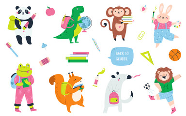 Naklejka premium Back to school animals. Cute character illustrations. Panda, T-rex, ape, rabbit and frog, squirrel, anteater and lion