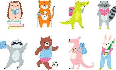 Fototapeta premium Back to school animals. Cute character illustrations. Hedgehog, tiger, crocodile and raccoon, sloth, bear, kangaroo and rabbit
