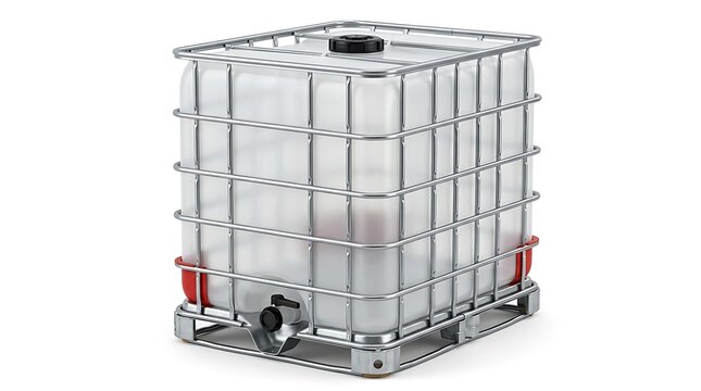 Large plastic water tank container inside a metal cage frame sitting on a sturdy industrial pallet base. ibc container