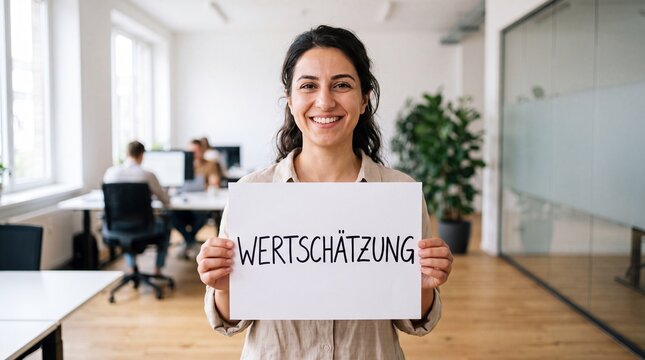 Junge l&auml;chelnde Frau h&auml;lt im modernen B&uuml;ro ein wei&szlig;es Schild mit dem Wort Wertsch&auml;tzung in beiden H&auml;nden
