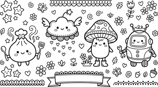 Vector illustration of a cute food and robot character doodles coloring page with coloring mushroom character children collection butterfly whimsical activity creative illustration