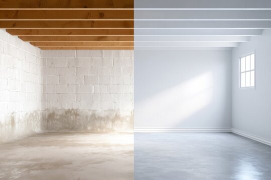 Water damage repair and wall restoration showing before and after views of a clean basement room
