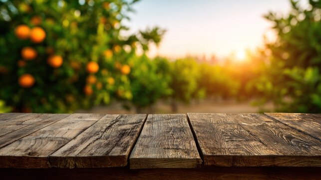 Rustic wooden table set outdoors against a blurry orchard during a warm golden sunset