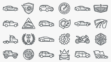 Industrial Black and White Line Art Icons Set Featuring Various Vehicles Tools and Symbols for Automotive Racing and Transport Design © Yuki