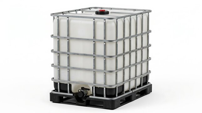 Large plastic industrial liquid water storage container tank inside a metal protective cage on a pallet. ibc container