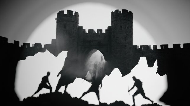 Shadow figures attack a castle gate that appears in the silhouette of a router. The scene is dark and dramatic.