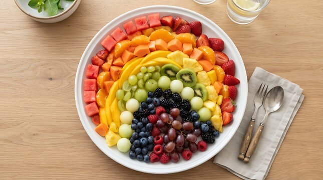 A vibrant flame-fresh fruit fiesta dish arranged in a beautiful rainbow pattern on a white ceramic platter, creating a healthy and colorful summer snack.