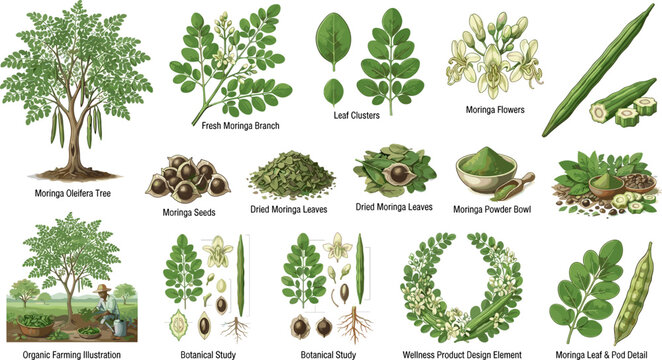 Organic Moringa Oleifera Superfood Botanical Vector Set Featuring Whole Trees Fresh Leaves White Flowers Seeds Powder Bowls and Agricultural Farming Illustrations