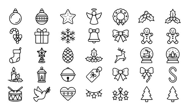 Christmas Ornament Line Icon Set with Xmas Tree Decorations Wreath Angel Star and Bauble Editable Stroke Vector