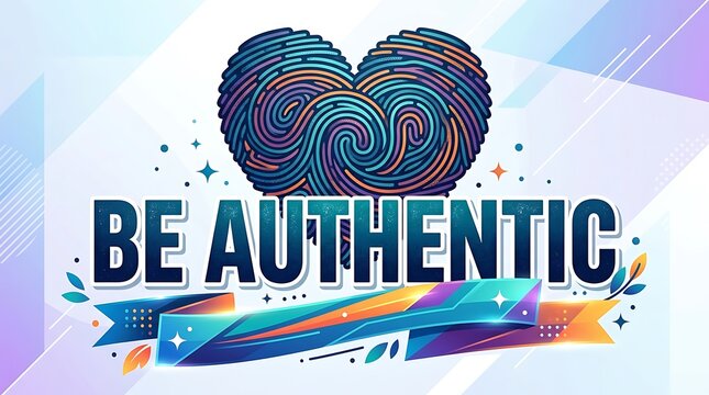 Heart-shaped fingerprint with giant BE AUTHENTIC typography, modern vector banner