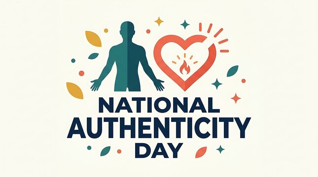 Human silhouette with an open heart beside bold NATIONAL AUTHENTICITY DAY typography, clean flat vector design