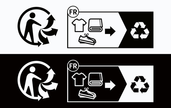 French sorting instruction pictogram for textile and footwear recycling showing correct disposal guidance for clothing packaging compliance
