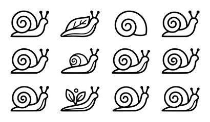 Generic tiny garden snails and slugs vector icon set with simple bold line art classic complete unbranded snail spiral shell eco gardening nature clip art black and white © Mdsahag