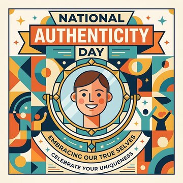 A straightforward face reflected in a mirror, bold lettering for National Authenticity Day, contemporary flat vector artwork, and a plain geometric style