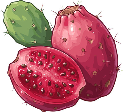 Fresh Prickly Pear Cactus Fruit Vector Illustration Featuring Isolated Pink Tuna Whole Fruit Cut Half with Pulp Seeds and Green Nopal Pad