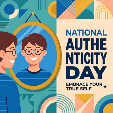 Mirror reflecting a simple face, bold NATIONAL AUTHENTICITY DAY typography, modern flat vector artwork, clean geometric style