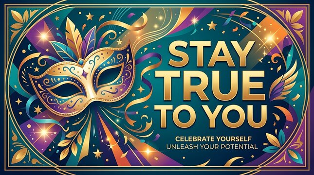 A premium vector celebration banner with an open mask next to the bold STAY TRUE TO YOU typeface