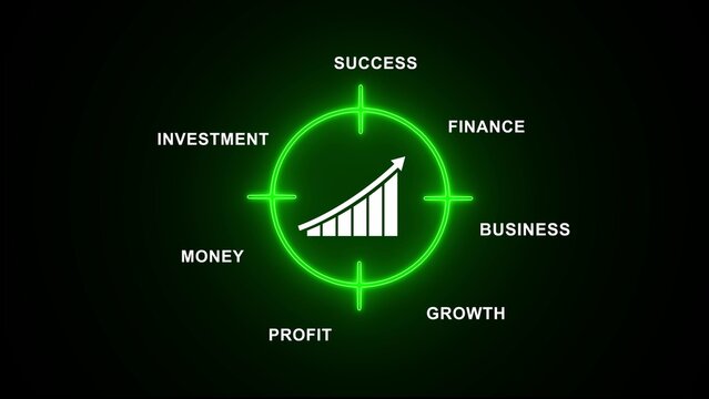 Neon green circle with business growth chart and keywords investment finance success profit money business growth