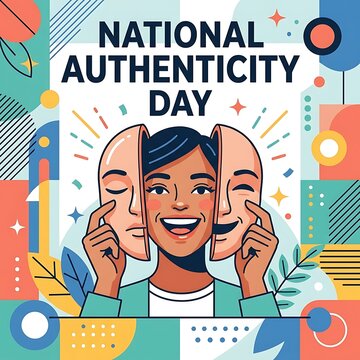 Open mask revealing a smiling face, bold NATIONAL AUTHENTICITY DAY typography
