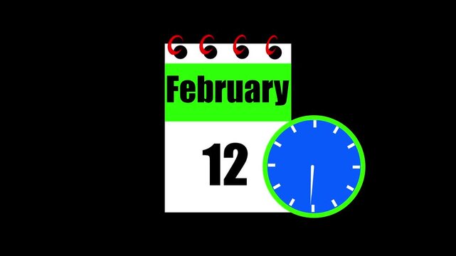 February month 12 date calendar icon animation. Animated Calendar Icon Showing Date Change with Clock Symbol Appointment Scheduling and Deadlines. Modern design calendar symbol background 4k video.
