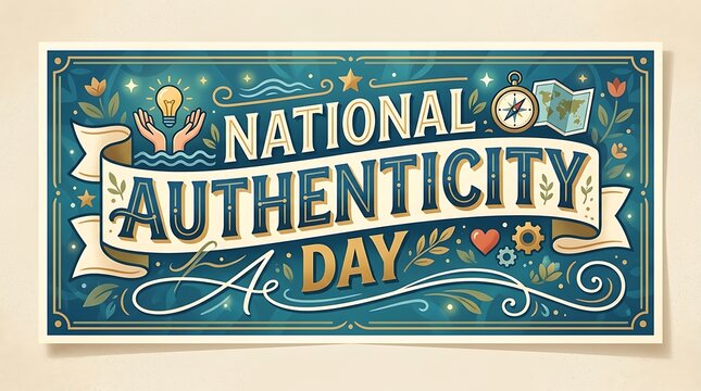Elegant flat vector banner with a signature line flowing beneath the bold NATIONAL AUTHENTICITY DAY typography