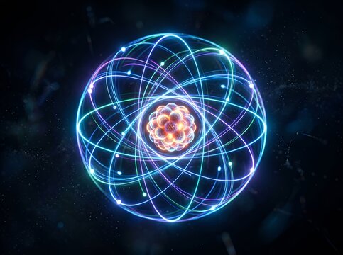 Abstract glowing atomic structure with orbiting electrons on dark background.