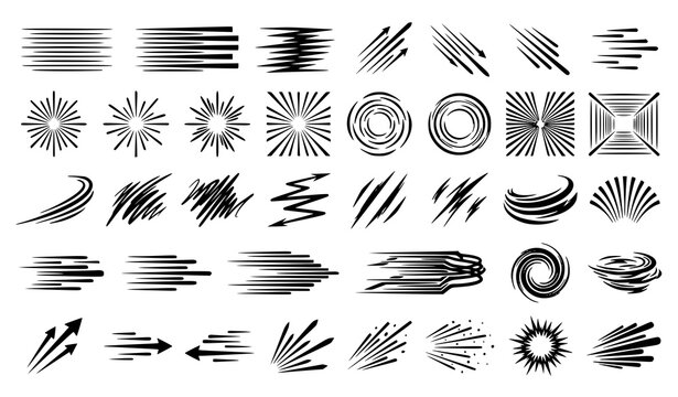 Abstract Motion Speed Lines and Dynamic Burst Effects Collection for Comic Manga Action Energy Vector Design Elements