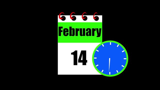 February month 14 date calendar icon animation. Animated Calendar Icon Showing Date Change with Clock Symbol Appointment Scheduling and Deadlines. Modern design calendar symbol background 4k video.