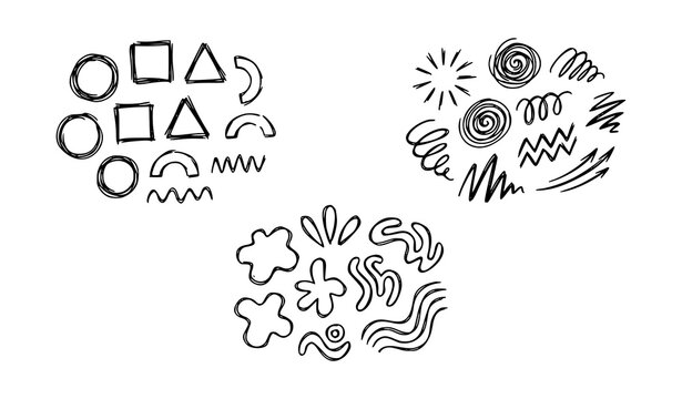 Abstract hand drawn geometric shapes and scribble doodle vector elements featuring circles squares triangles waves spirals and blobs for trendy memphis designs